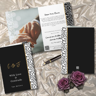 Foliage Border Black White Wedding Folded Letterpress Thank You Card