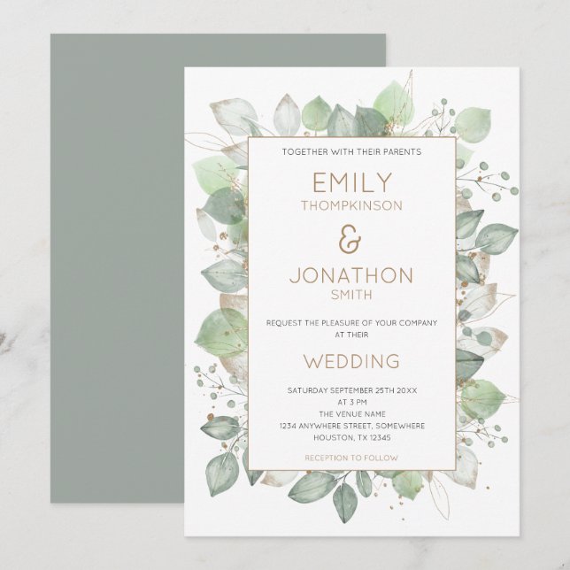 Foliage Border Gold Sage Wedding Invitation (Front/Back)