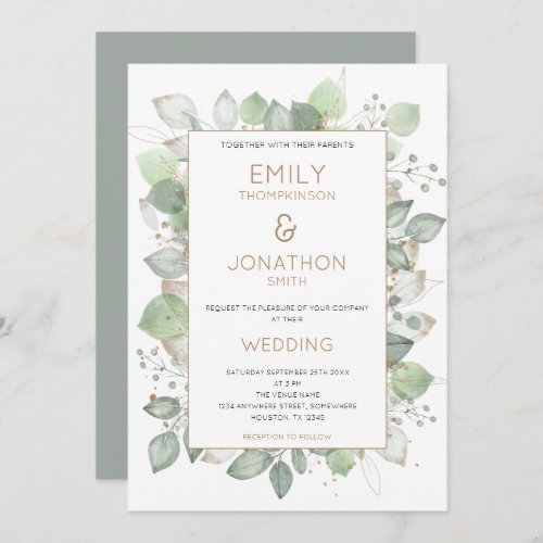 Foliage Border Gold Sage Wedding Invitation