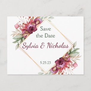 Foliage Botanical Burgundy Roses Save the Dates Announcement Postcard