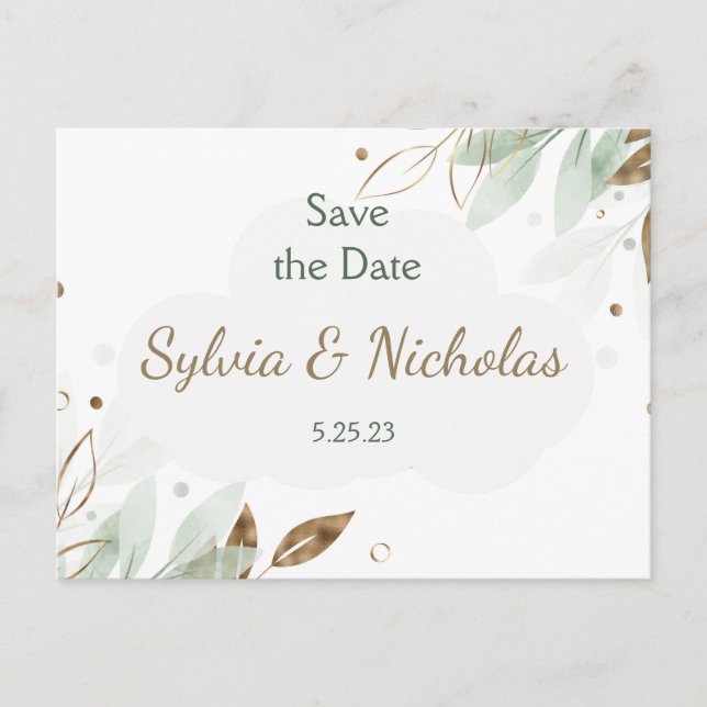 Foliage Botanical Gold Teal  Save the Dates Announcement Postcard (Front)