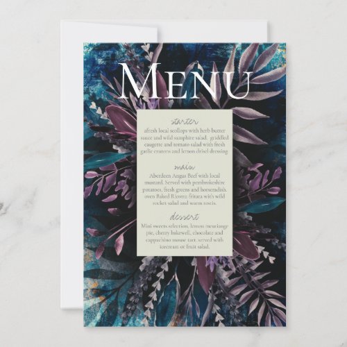 Foliage bouquet painted blues menu invitation