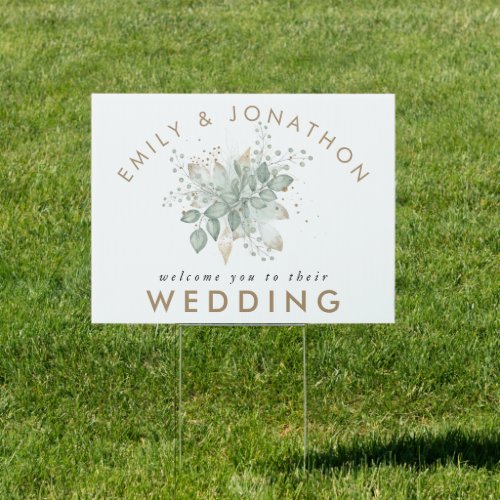 Foliage Bouquet Sage Gold Names Welcome to Wedding Sign