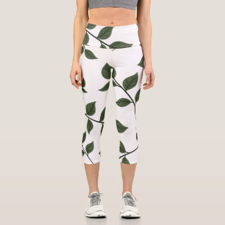 Foliage Branches with Green Leaves on White Capri Leggings