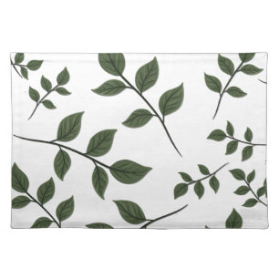 Foliage Branches with Green Leaves on White Cloth Placemat