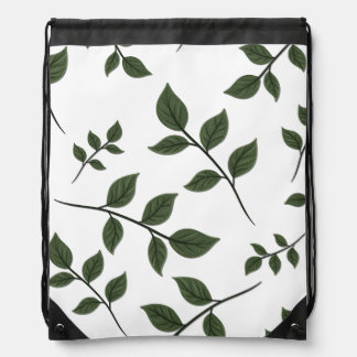 Foliage Branches with Green Leaves on White Drawstring Bag