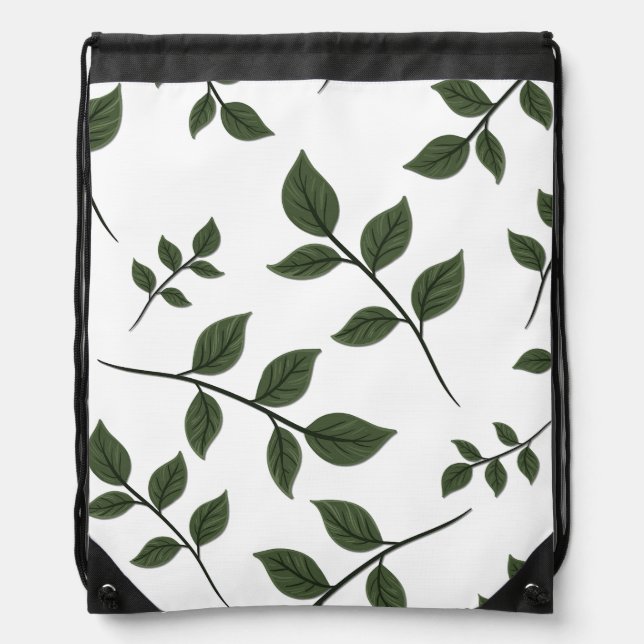 Foliage Branches with Green Leaves on White Drawstring Bag (Front)