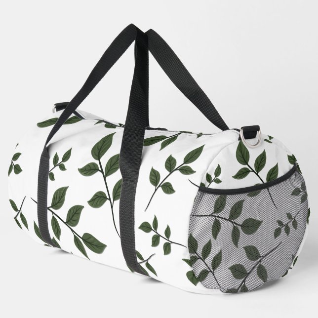 Foliage Branches with Green Leaves on White Duffle Bag (Right Corner)