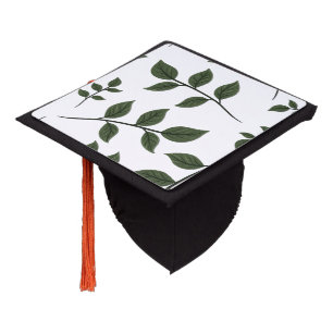 Foliage Branches with Green Leaves on White Graduation Cap Topper