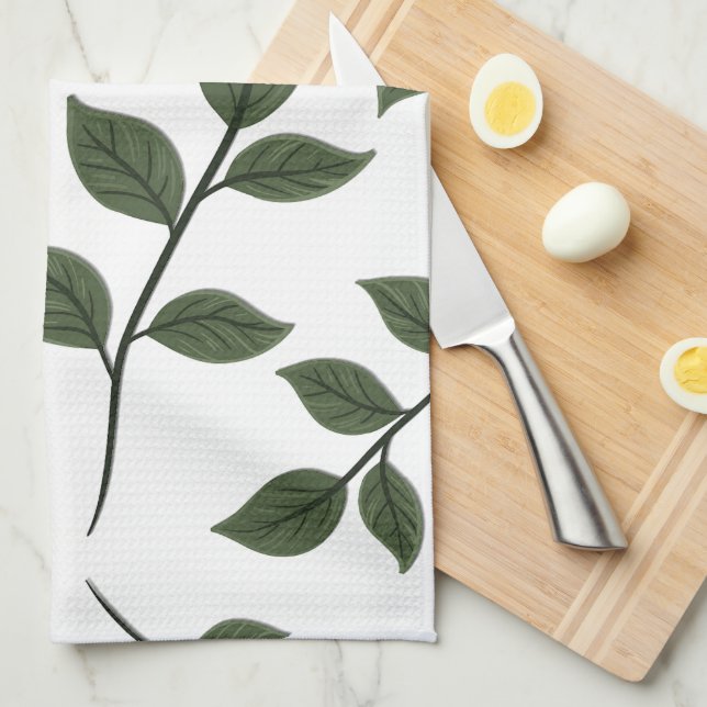 Foliage Branches with Green Leaves on White Kitchen Towel (Quarter Fold)