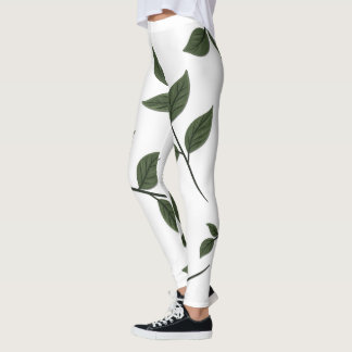 Foliage Branches with Green Leaves on White Leggings