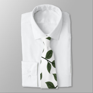Foliage Branches with Green Leaves on White Neck Tie