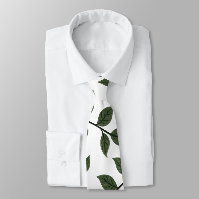 Foliage Branches with Green Leaves on White Neck Tie (Tied)
