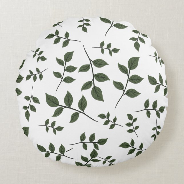 Foliage Branches with Green Leaves on White Round Pillow (Front)