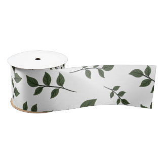Foliage Branches with Green Leaves on White Satin Ribbon