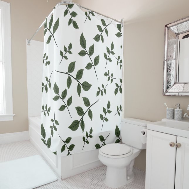Foliage Branches with Green Leaves on White Shower Curtain (In Situ)