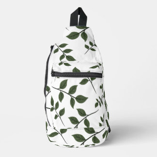 Foliage Branches with Green Leaves on White Sling Bag