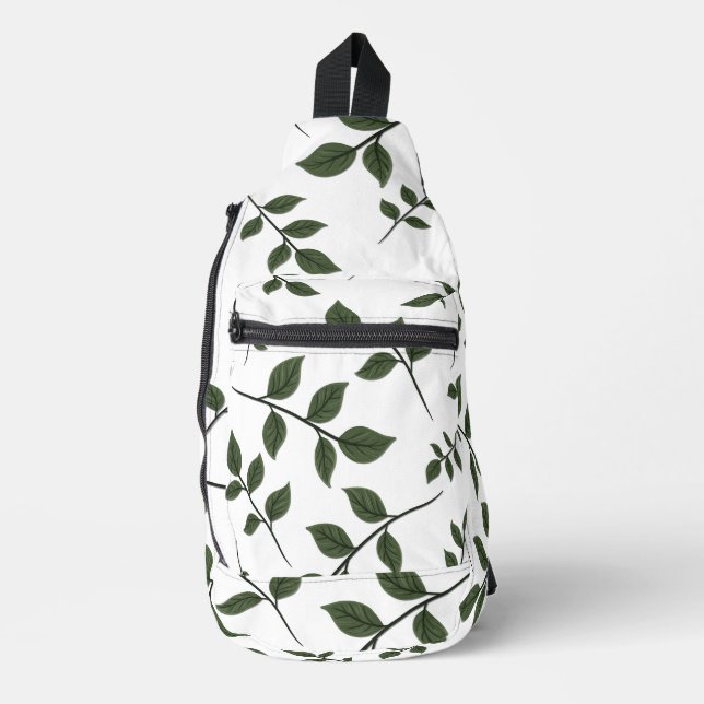 Foliage Branches with Green Leaves on White Sling Bag (Front)