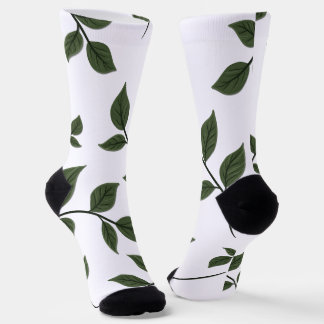 Foliage Branches with Green Leaves on White Socks