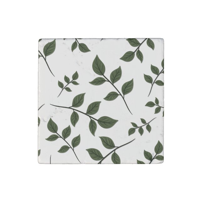 Foliage Branches with Green Leaves on White Stone Magnet (Front)