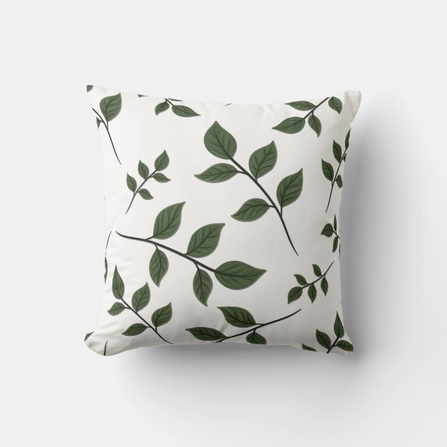 Foliage Branches with Green Leaves on White Throw Pillow (Front)