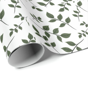 Foliage Branches with Green Leaves on White Wrapping Paper