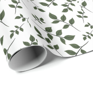 Foliage Branches with Green Leaves on White Wrapping Paper
