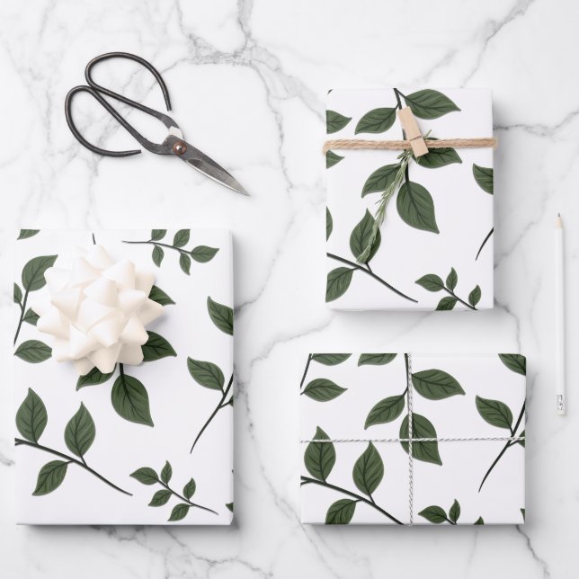 Foliage Branches with Green Leaves on White Wrapping Paper Sheets (Front)