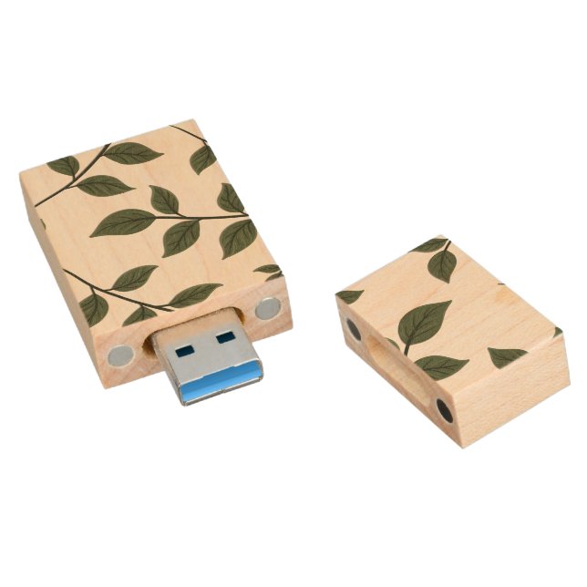 Foliage Branches with Green Leaves  Wood Flash Drive (Angled)