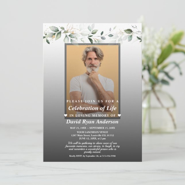 Foliage Celebration of Life Photo Funeral Memorial Invitation (Standing Front)