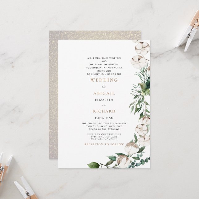 Foliage & Cotton Both Sets of Parents Wedding Invitation (Front/Back In Situ)