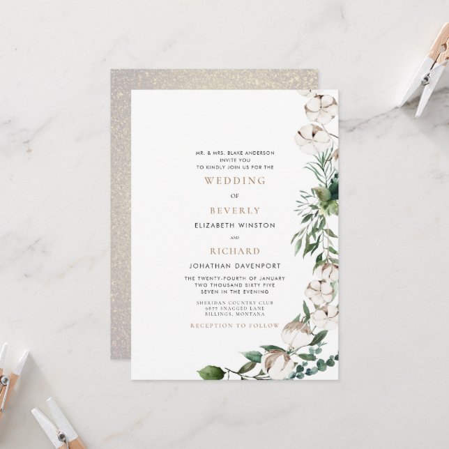 Foliage & Cotton Bride Parents Glam Wedding Invitation (Front/Back In Situ)