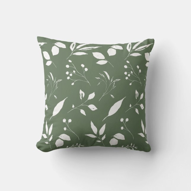 Foliage Dark Sage and White Throw Pillow (Front)