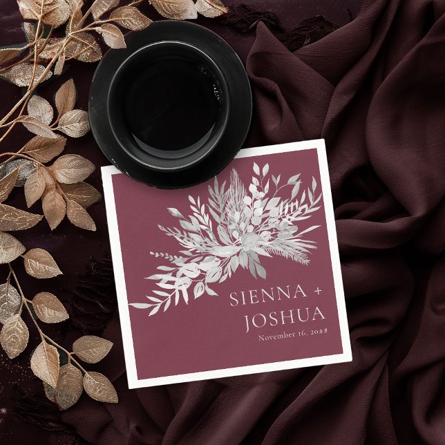 Foliage Duet Burgundy Grey Botanical Wedding Napkins (Wedding Cocktail Napkins in burgundy and grey from the Foliage Duet Collection by Darling & May)