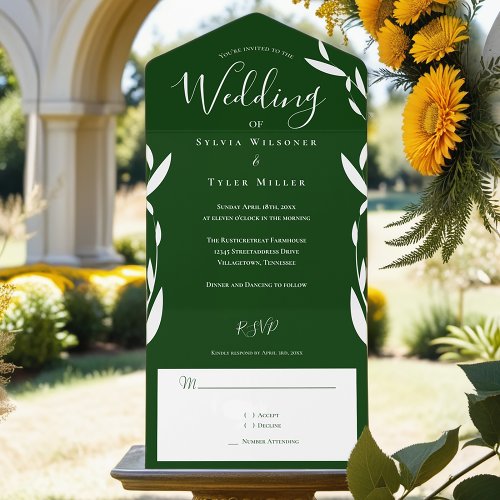 Foliage Emerald Green White Wedding All In One Invitation