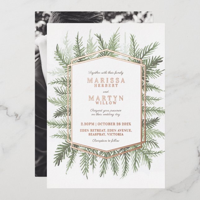 Foliage evergreen sage green pine needles foil invitation (Front/Back)