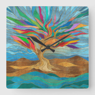 Foliage Fantasy Mosaic Tree Square Wall Clock