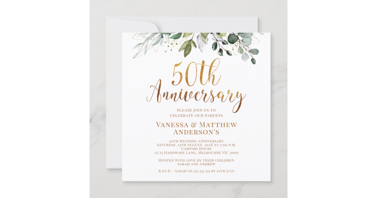 Foliage Faux Gold Calligraphy 50th Anniversary Invitation | Zazzle