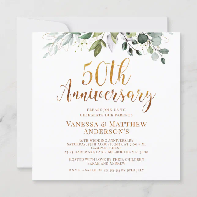 Foliage Faux Gold Calligraphy 50th Anniversary Invitation | Zazzle