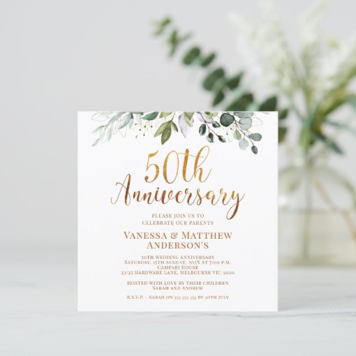 Foliage Faux Gold Calligraphy 50th Anniversary Invitation | Zazzle