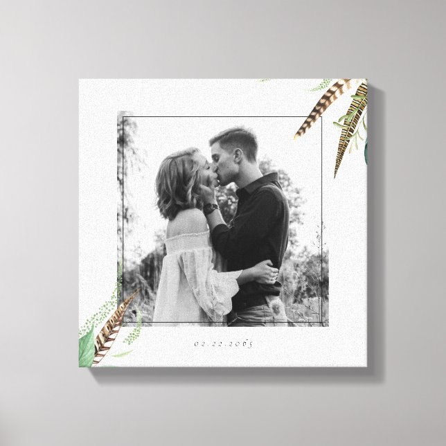 Foliage & Feathers Engagement Photo Wedding Date Canvas Print (Front)