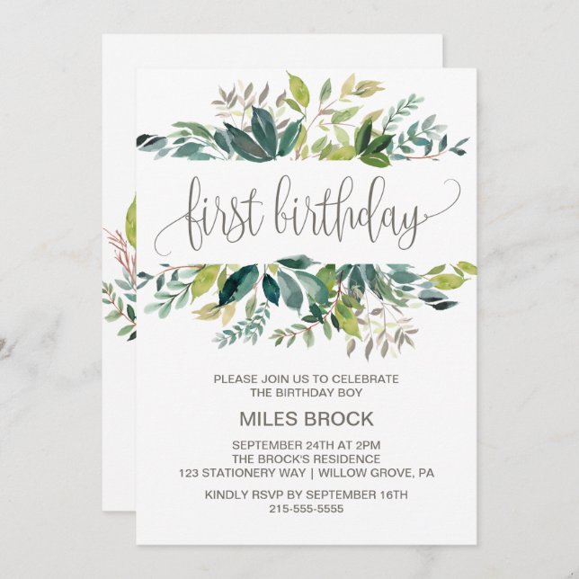 Foliage First Birthday Invitation (Front/Back)