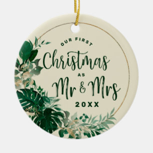 Foliage First Christmas as Mr & Mrs Newlywed Photo Ceramic Ornament