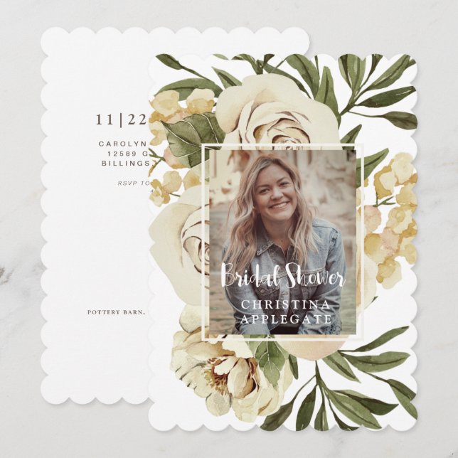 Foliage & Floral Photo Bridal Shower Scalloped Invitation (Front/Back)