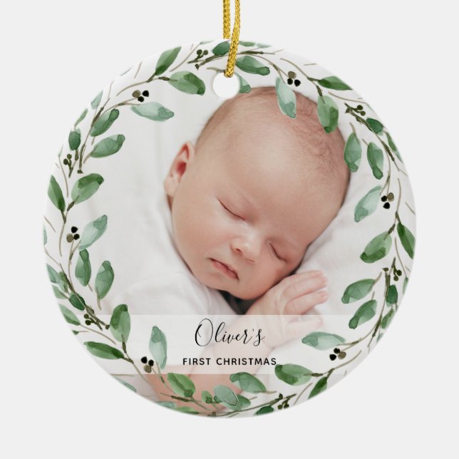 Foliage Frame | Baby's First Christmas with Photos Ceramic Ornament (Front)