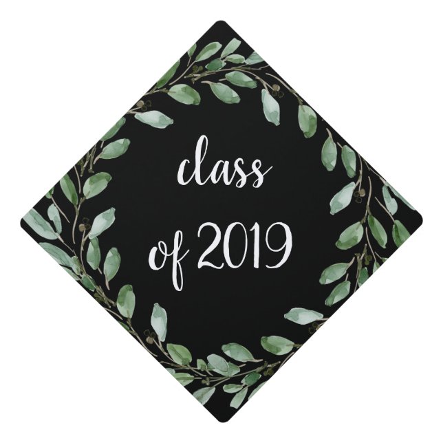 Foliage Frame on Black | Class of 2019 Graduation Cap Topper (Front)