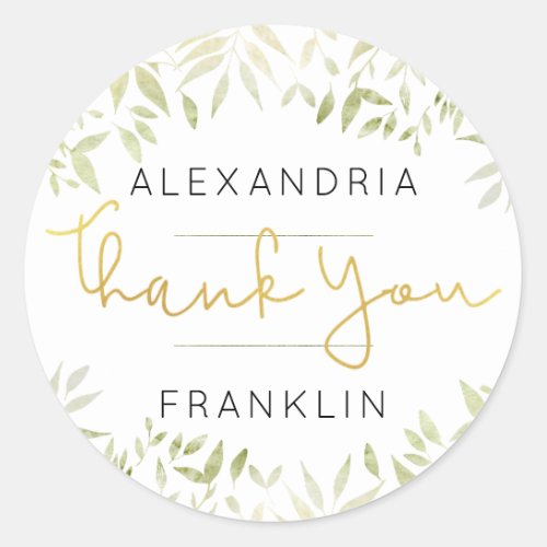 Foliage Gold Handwritten Script THANK YOU Classic Round Sticker