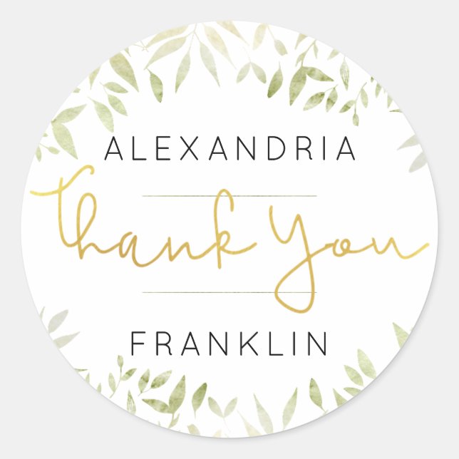 Foliage Gold Handwritten Script THANK YOU Classic Round Sticker (Front)