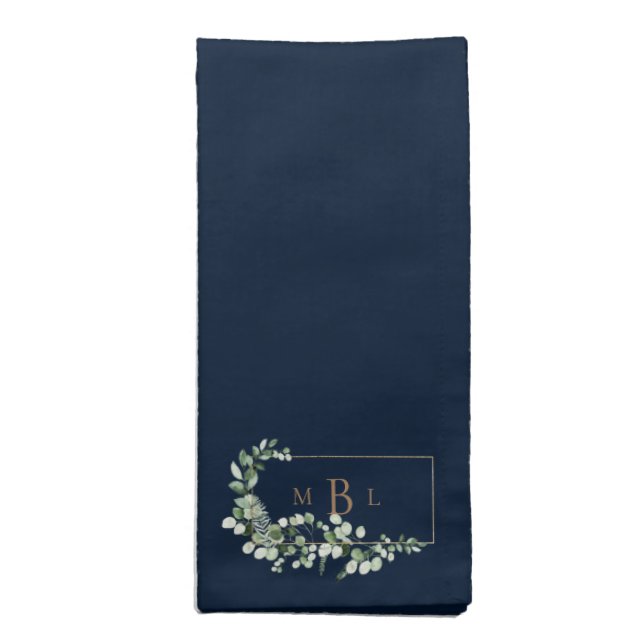 Foliage & Gold Monogram Navy Elegant Cloth Napkin (Folded)