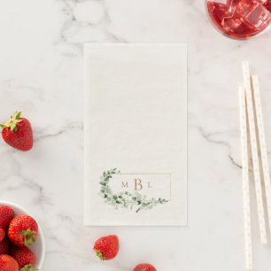 Foliage  & Gold Monogram White Elegant Paper Guest Towels